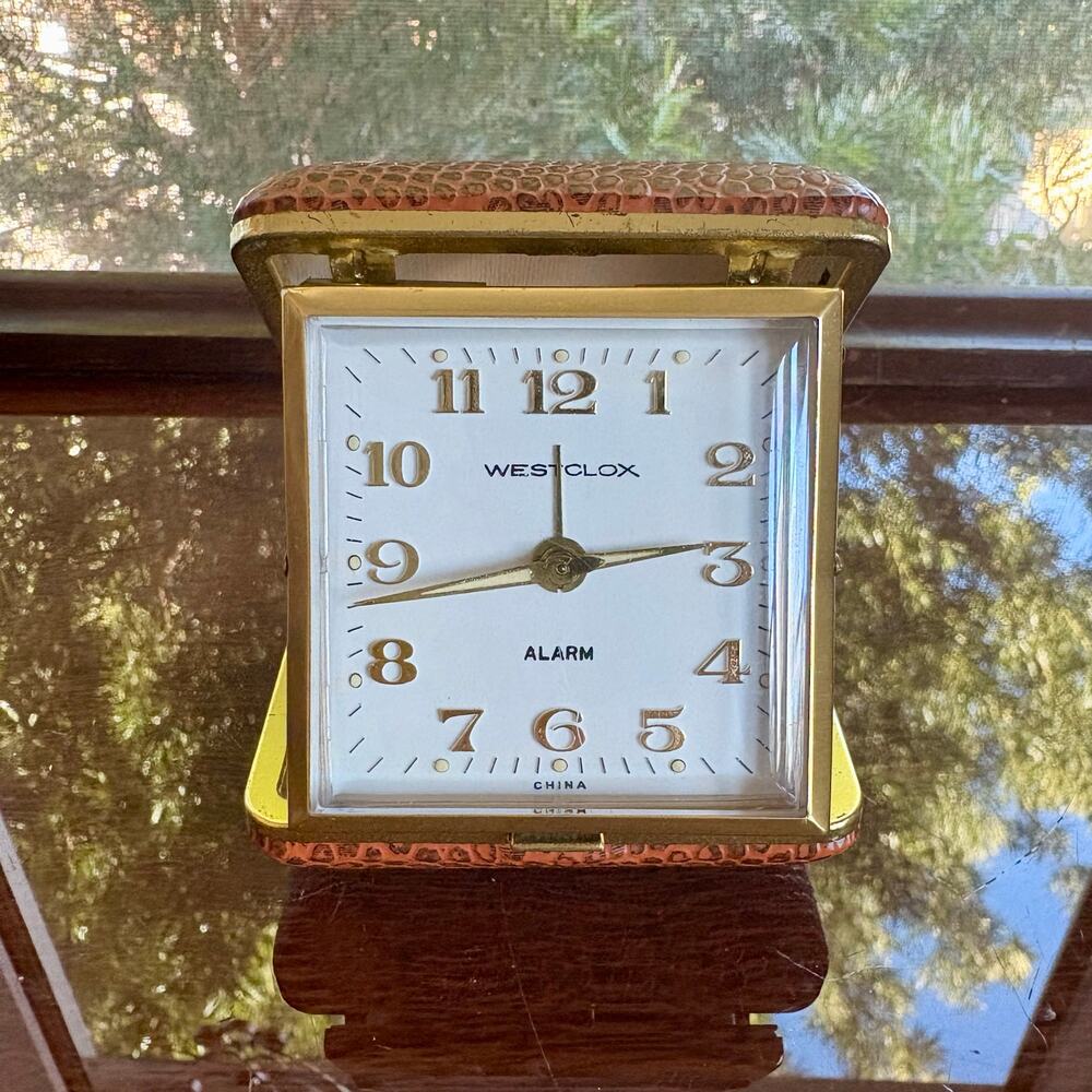Vintage Westclox Travel Alarm Clock Faux Snakeskin Folding Case
